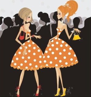 Two women wearing the same dress at a party